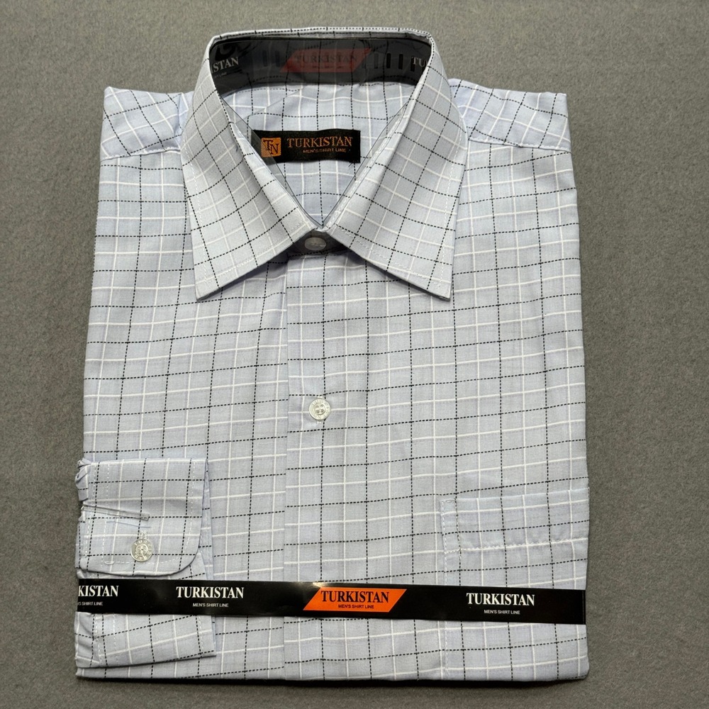 NEW Turkistan Dress Shirt Men's M Light Blue Grid‎ Check Long Sleeve Button Down